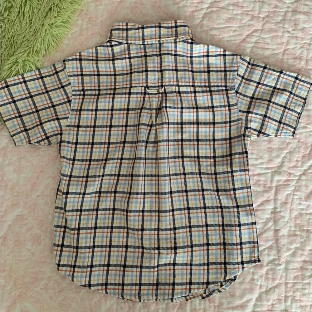 Vintage Gymboree Button Down Shirt Boys 3 White Blue Orange Plaid Short Sleeves